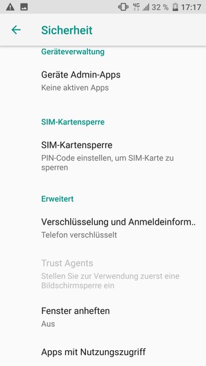 Um die PIN für die SIM-Karte zu wechseln, gehen Sie zum Sicherheit Menü zurück und scrollen Sie und wählen Sie SIM-Kartensperre