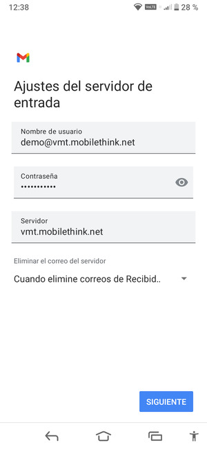 Introduzca Nombre de usuario y la dirección de servidor entrante. Seleccione SIGUIENTE