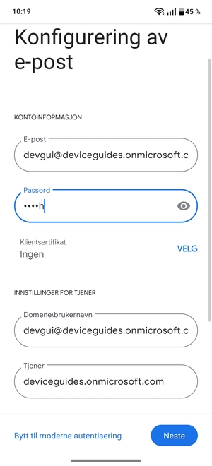 Skriv inn Brukernavn og Exchange serveradresse. Velg Neste