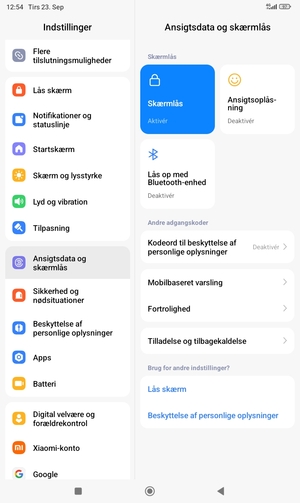 Din tablet er nu sikret med en skærmlås