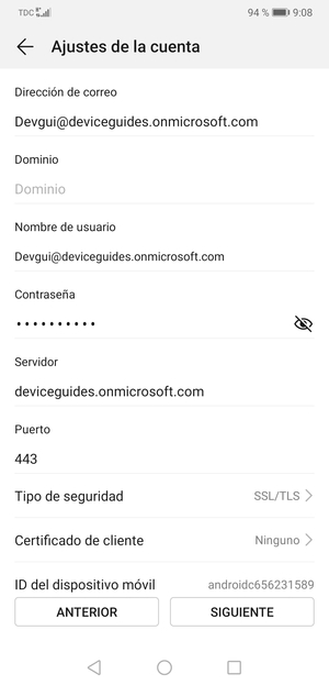 Introduzca la dirección de servidor Exchange y seleccione SIGUIENTE