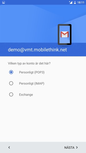 Välj Personligt (POP3) eller Personligt (IMAP) och välj NÄSTA