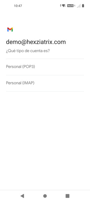 Seleccione Personal (POP3) o Personal (IMAP)