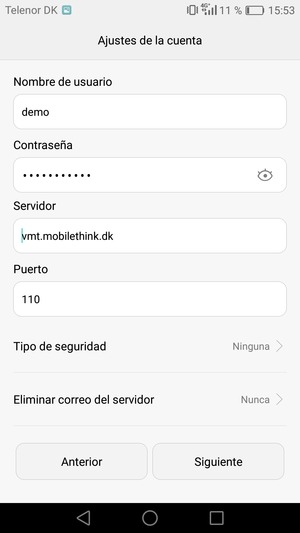 Introduzca Nombre de usuario y la dirección de servidor entrante. Seleccione Siguiente