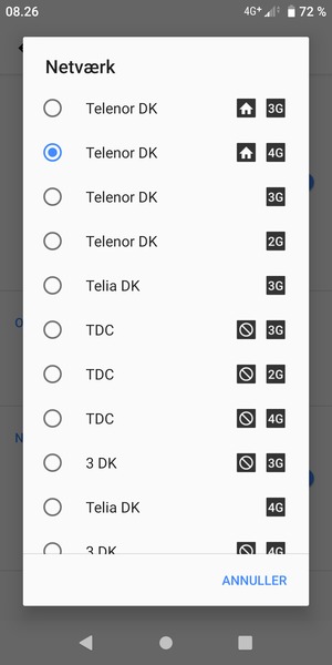 Vælg en netværksudbyder fra listen