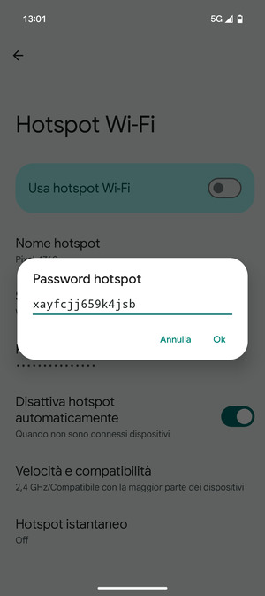 Inserisci una password dell'hotspot Wi-Fi di almeno 8 caratteri e seleziona OK