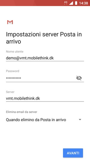 Inserisci Nome utente e l'indirizzo del server di posta in arrivo. Seleziona AVANTI