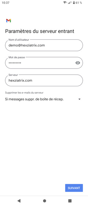 Saisissez votre Nom d'utilisateur et l'adresse du serveur entrant. Sélectionnez SUIVANT