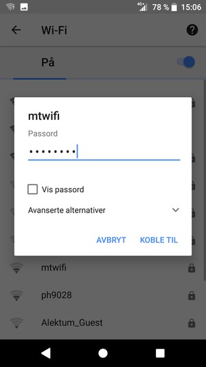 Skriv inn Wi-Fi-passord og velg KOBLE TIL