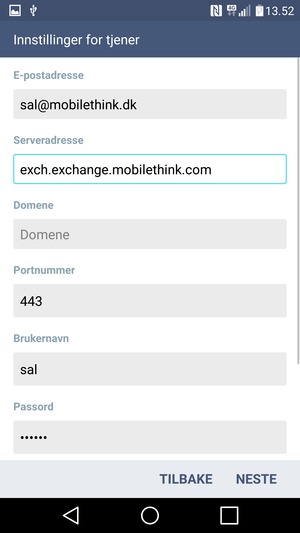 Skriv inn Exchange serveradresse og Brukernavn. Velg NESTE