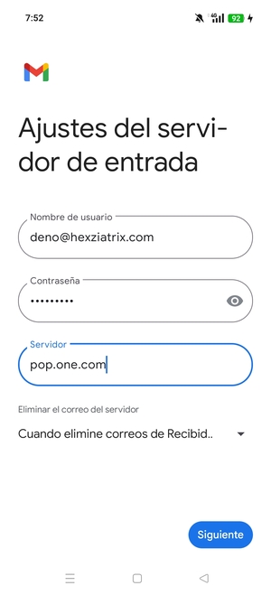 Introduzca Nombre de usuario y la dirección de servidor entrante. Seleccione Siguiente
