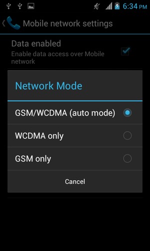 Select GSM only to enable 2G and GSM/WCDMA (auto mode) to enable 3G