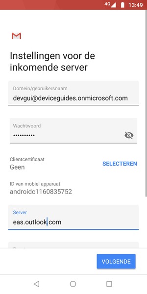 Voer Gebruikersnaam en Exchange serveradres in. Selecteer VOLGENDE