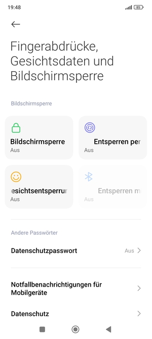 Um Ihre Bildschirmsperre zu aktivieren, gehen Sie zurück zum Fingerabdrücke, Gesichtsdaten und Bildschirmsperre Menü und wählen Sie Bildschirmsperre