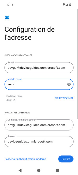 Saisissez votre Nom d'utilisateur et l'adresse du serveur Exchange. Sélectionnez Suivant