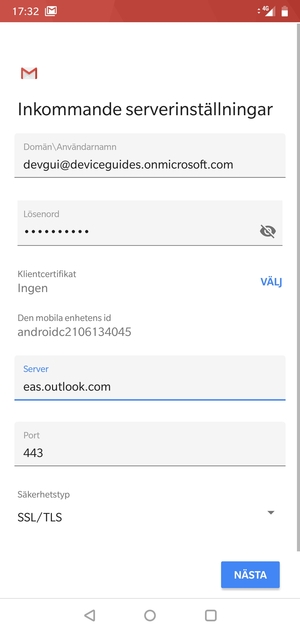 Ange Användarnamn och Exchange serveradress. Välj NÄSTA