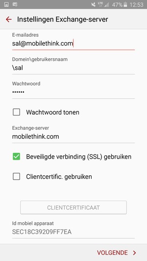 Voer Gebruikersnaam en Exchange serveradres in. Selecteer VOLGENDE