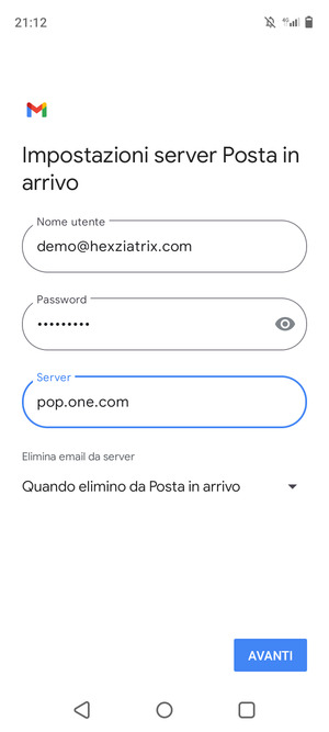 Inserisci Nome utente e l'indirizzo del server di posta in arrivo. Seleziona AVANTI