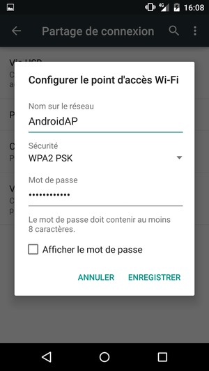 Saisissez un mot de passe de hotspot Wi-Fi d'au moins 8 caractères et sélectionnez ENREGISTRER