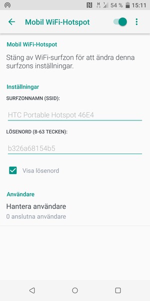 Din telefon har nu ställts in för att kunna användas som ett modem