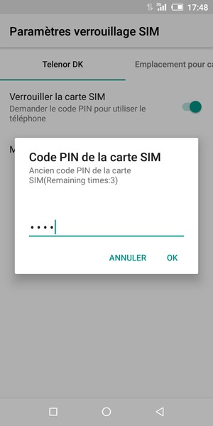 Saisissez votre Ancien code PIN de la carte SIM et sélectionnez OK