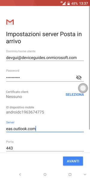 Inserisci Nome utente e l'indirizzo del server Exchange. Seleziona AVANTI