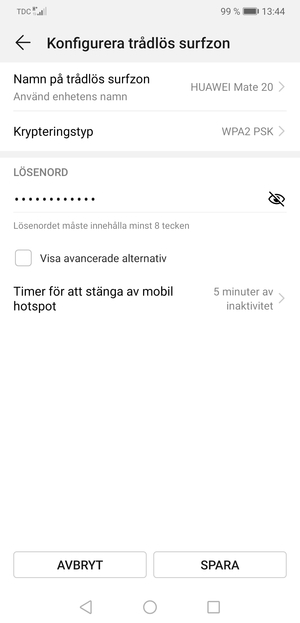 Ange ett lösenord för Wi-Fi-hotspoten, bestående av minst 8 tecken och välj SPARA