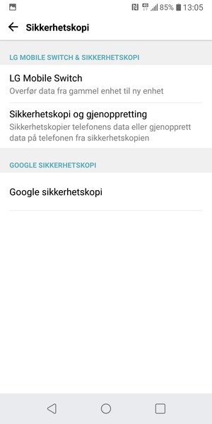 Velg Google sikkerhetskopi
