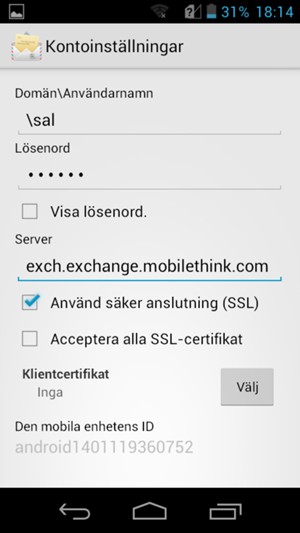 Ange Användernamn och Exchange serveradress