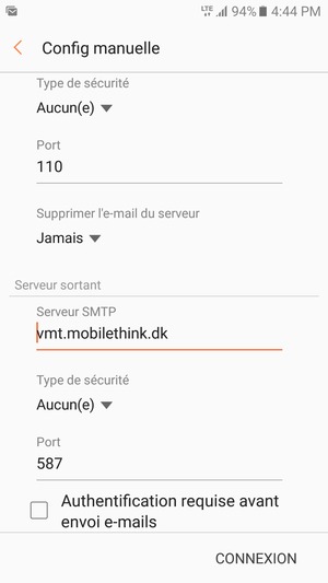 Décochez la case Authentification requise avant envoi e-mails et sélectionnez CONNEXION