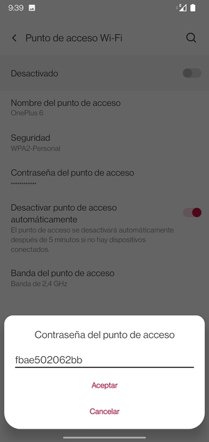 Introduzca una contraseña de punto de acceso Wi-Fi de al menos 8 caracteres y seleccione Aceptar