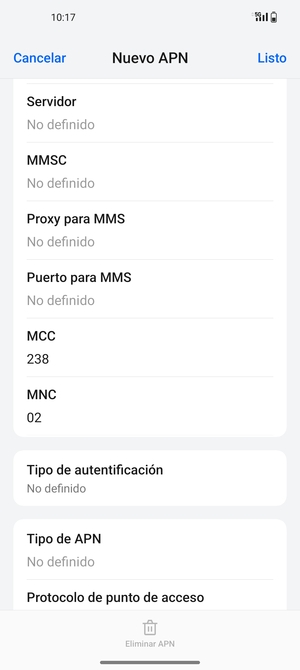 Desplácese hacia abajo e introduzca la información de Internet