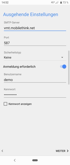 Geben Sie die Server-Adresse für ausgehende Post ein