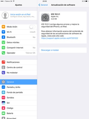 Si su iPad no está actualizado, seleccione Descargar e instalar