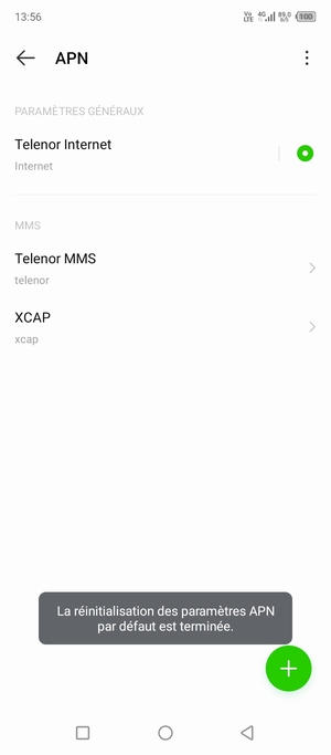 Votre téléphone va être réinitialisé avec les paramètres Internet et MMS par défaut