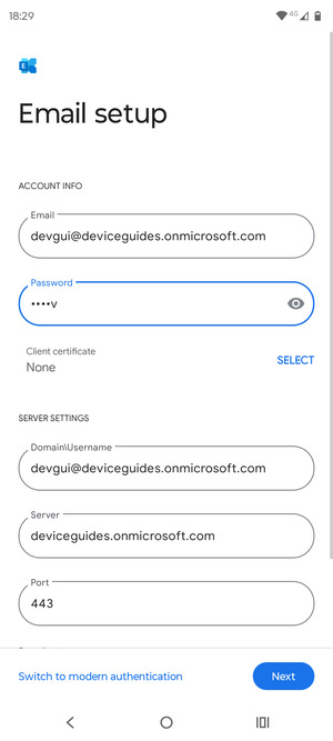 Enter Username and Exchange server address. Select Next