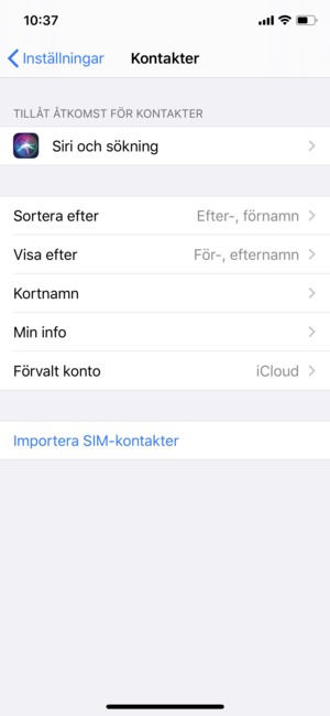 Scrolla till och välj Importera SIM-kontakter