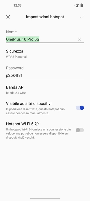 Inserisci una password dell'hotspot Wi-Fi di almeno 8 caratteri e seleziona OK