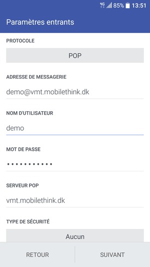 Saisissez votre Nom d'utilisateur et l'adresse du serveur entrant. Sélectionnez SUIVANT