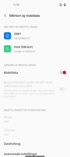 Vælg SIM 1 eller SIM 2