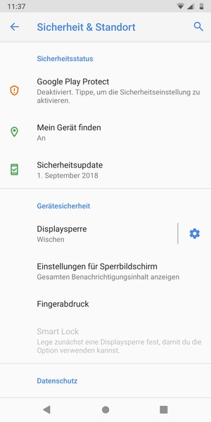 Um Ihre Bildschirmsperre zu aktivieren, gehen Sie zum Sicherheit & Standort Menü und wählen Sie  Displaysperre