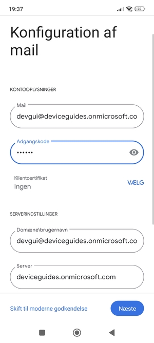 Indtast Brugernavn og Exchange serveradresse. Vælg Næste