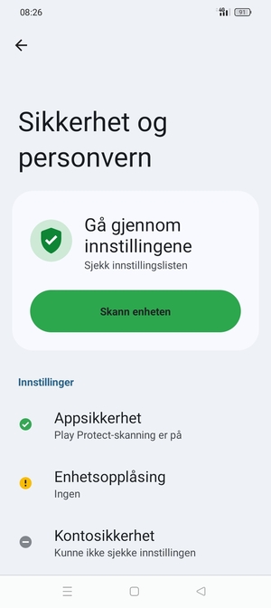 For å aktivere skjermlåsen, gå til Sikkerhet og personvern-menyen og velg Enhetsopplåsing