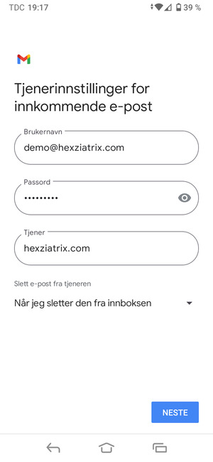 Skriv inn Brukernavn og innkommende serveradresse. Velg NESTE