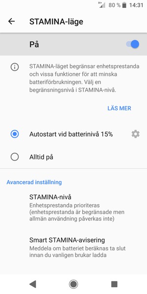 Aktivera STAMINA-läge
