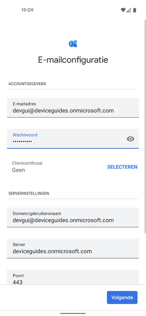 Voer Gebruikersnaam en Exchange serveradres in. Selecteer Volgende