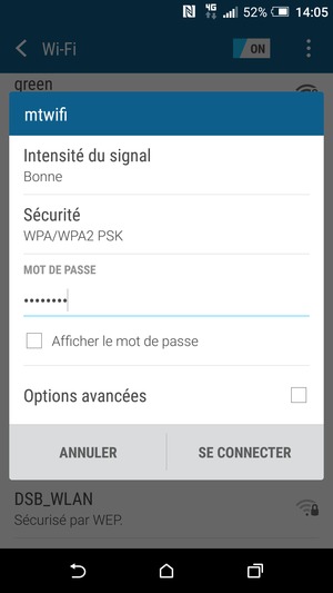 Saisissez le mot de passe du Wi-Fi et sélectionnez SE CONNECTER