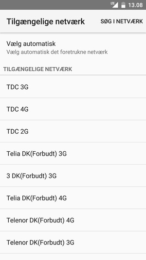 Vælg en netværksudbyder fra listen