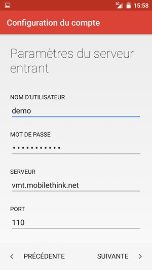 Saisissez votre Nom d'utilisateur et l'adresse du serveur entrant