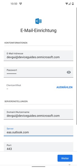 Geben Sie Benutzername und Exchange Server-Adresse ein. Wählen Sie Weiter
